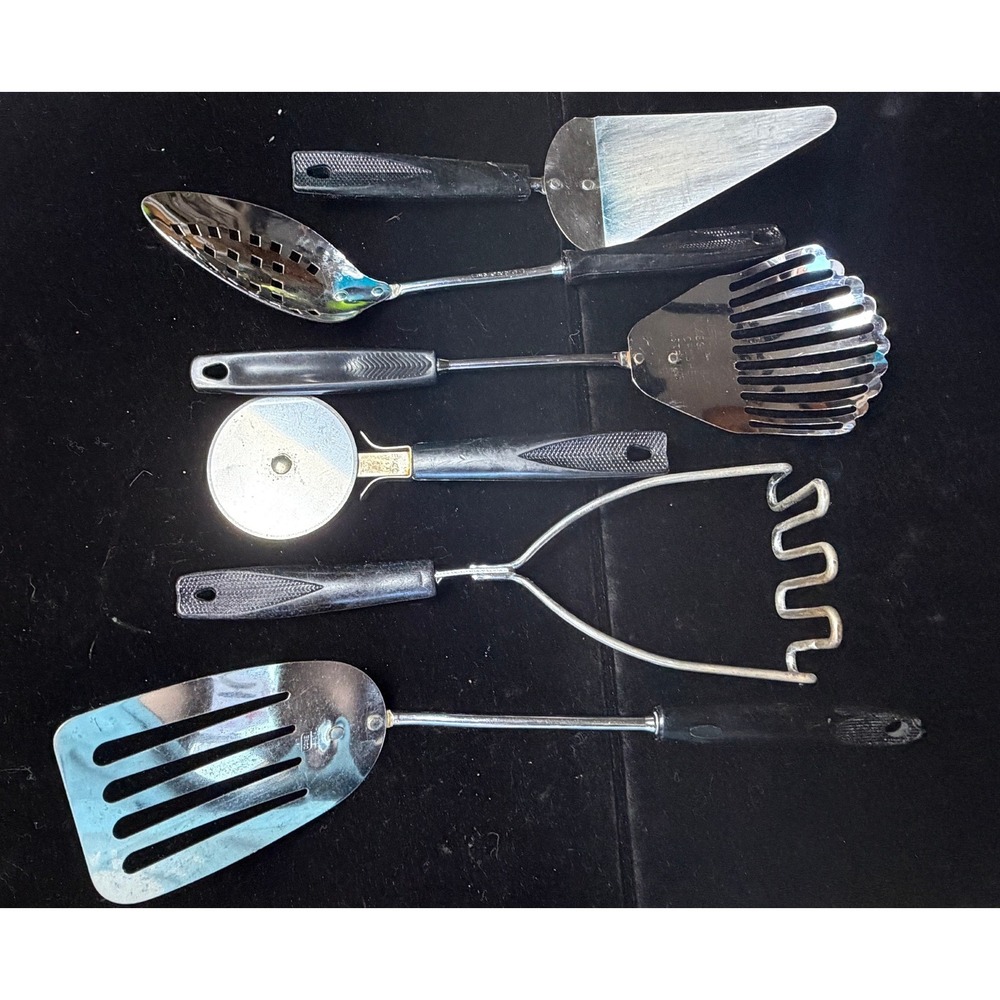 Vintage Ekco USA Kitchen Utensil Set 6pc Chromium Plated Black Handle MCM